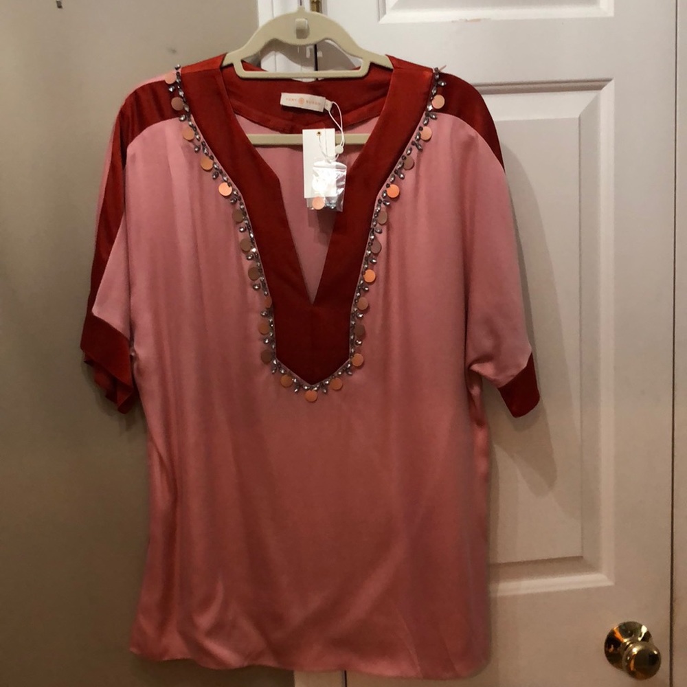Tory Burch Pink Tunic with Rust Trim and Sequin Accents - NWT